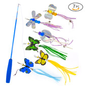 3-daļīgs makšķeres komplekts kaķiem suņiem izstiepjama rotaļlieta maināma galva tauriņi vardes mājdzīvnieku rotaļlieta