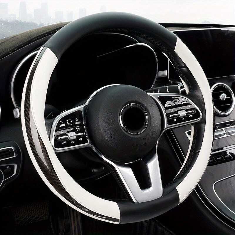 1 ks kryt na volant do auta, priedušný, protišmykový, čiernobiely, z uhlíkových vlákien, PU kože, vhodný pre volant