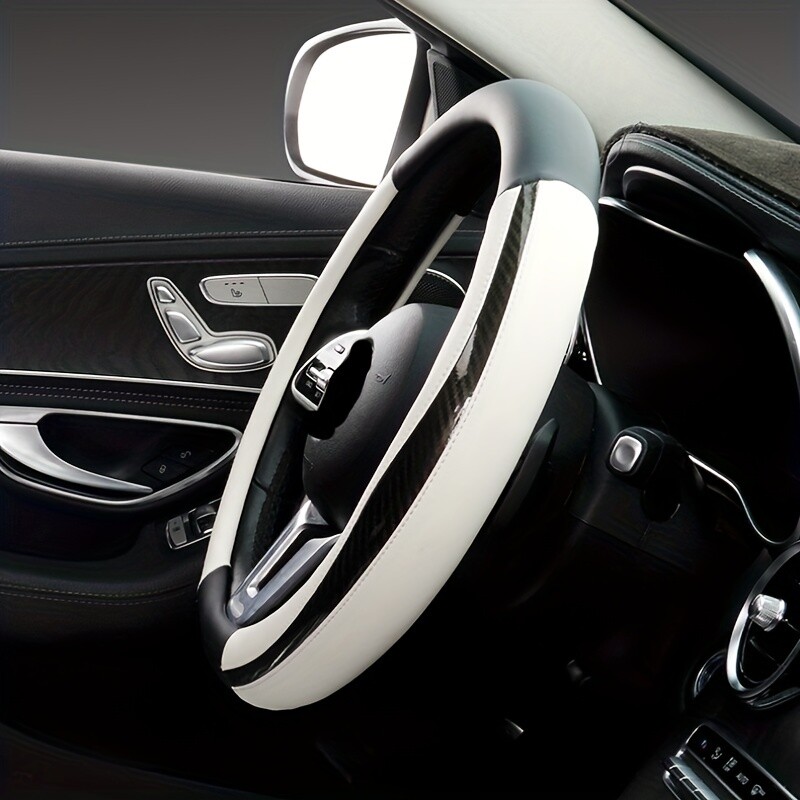 1 ks kryt na volant do auta, priedušný, protišmykový, čiernobiely, z uhlíkových vlákien, PU kože, vhodný pre volant
