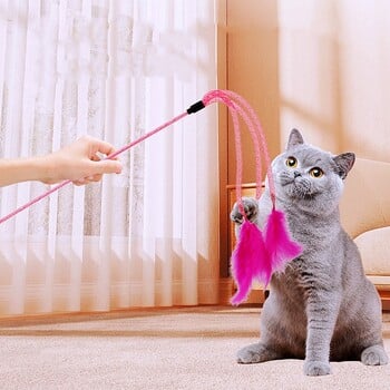 Cat Toy Feather Cats Stick Elastic Tassel Toys for Cats Teasing Дълга дръжка Feather Cat Toys Interactive with Bell Pet Products