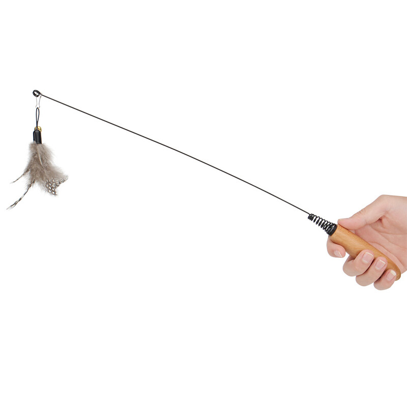 Spring Cat Teaser Stick Feather Wood Maner Jucărie pentru pisici Elastic Spring Pet Toy