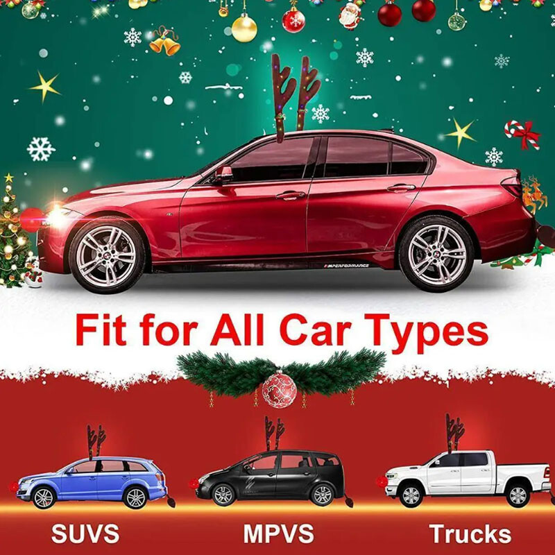 Decorare cu coarne de mașină Kit de decorațiuni de Crăciun cu reni cu iluminare LED Costum pentru mașină și camion pentru vehicule Decor de căprioare cu coarne de Crăciun