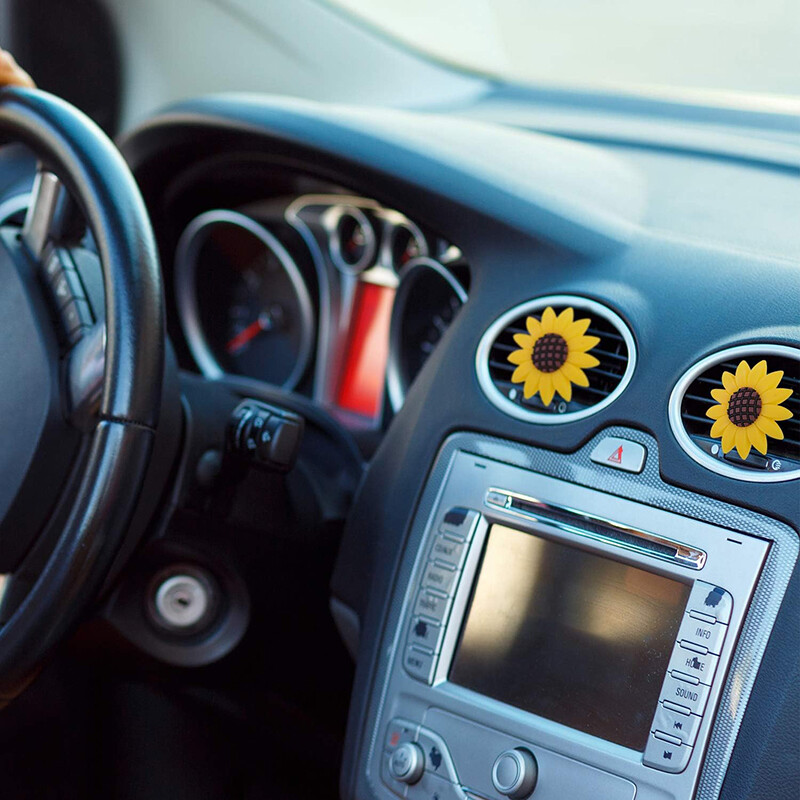 2 gab Saulespuķu gaisa ventilācijas sprādze Automašīnas gaisa atsvaidzinātājs Cute Auto Aksesuāri Saulespuķes Žirazoles Automašīnas Saspraudes Salona ventilācijas atveru rotājumi
