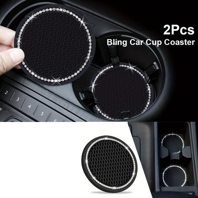 2 bucăți sub formă de grilă rotundă sub formă de subțire pentru mașină, cauciuc moale, diamant artificial, antiderapant, suport creativ pentru pahare, subțire, accesorii pentru mașină, ușor de C