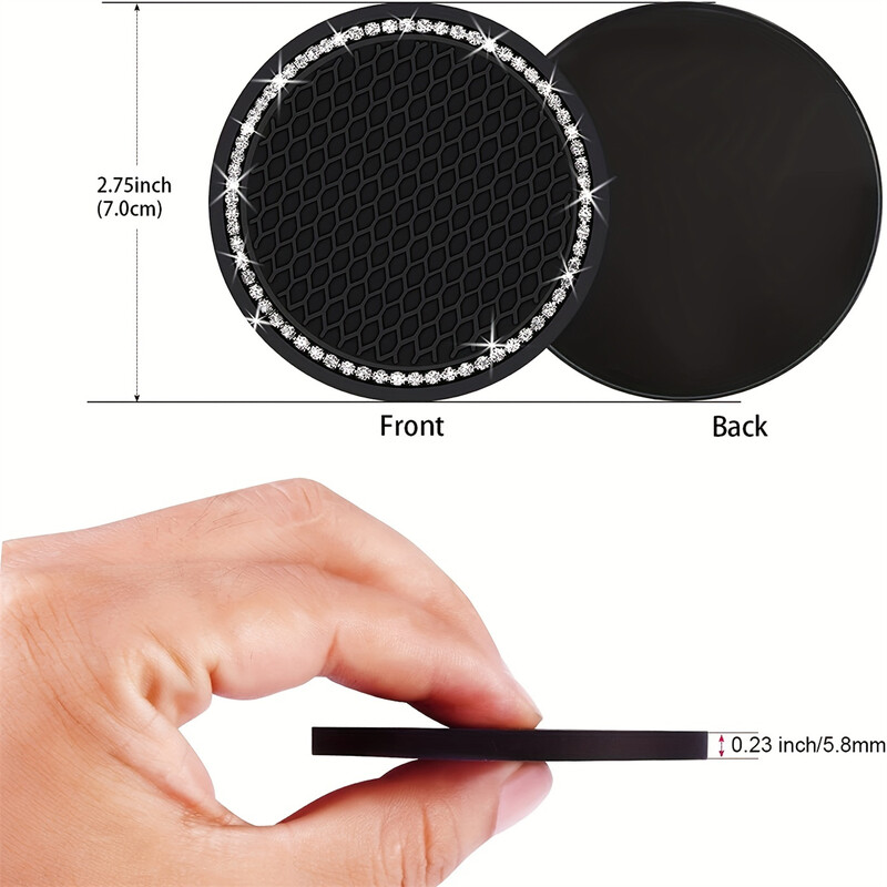2 bucăți sub formă de grilă rotundă sub formă de subțire pentru mașină, cauciuc moale, diamant artificial, antiderapant, suport creativ pentru pahare, subțire, accesorii pentru mașină, ușor de C