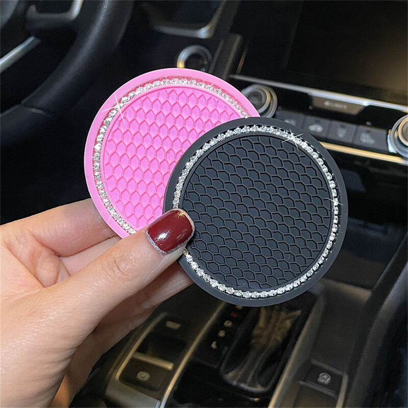 2 bucăți sub formă de grilă rotundă sub formă de subțire pentru mașină, cauciuc moale, diamant artificial, antiderapant, suport creativ pentru pahare, subțire, accesorii pentru mașină, ușor de C