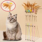 Cat Toys Feather Cat Stick Устойчива на ухапване стоманена тел Spring Feather Interactive Cats Toy with Bell Wool Ball Kitten Toy Sticks