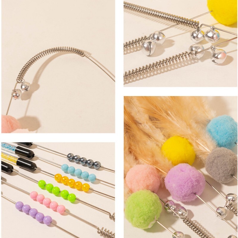 Kačių žaislai Plunksna Cat Stick Įkandimams atspari plieninė vielinė spyruoklinė plunksna Interaktyvus kačių žaislas su varpelio vilnos kamuoliuku kačiuko žaislinės lazdelės