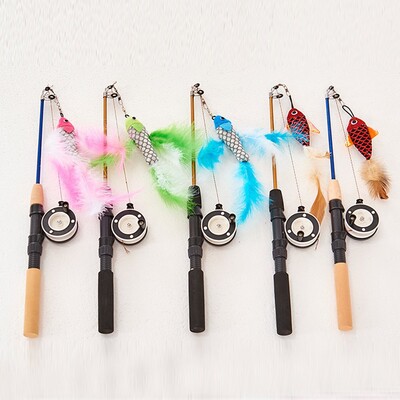1PC Pet Cat Interactive Toy Stick Feather Wand Toys Fish-formed Telescopic Fishing Rod Cat Teaser Toy Supplies Random Color