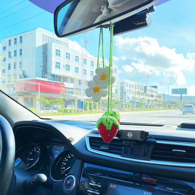 Decor de mașină cu fructe de căpșuni super drăguță, croșetat, roșu/roz, cu căpșuni, agățat pentru adolescenți, oglindă retrovizoare pentru interior