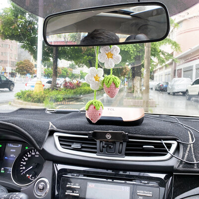 Decor de mașină cu fructe de căpșuni super drăguță, croșetat, roșu/roz, cu căpșuni, agățat pentru adolescenți, oglindă retrovizoare pentru interior