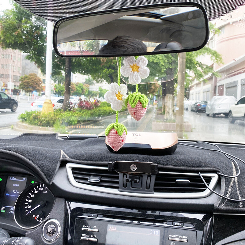 Decor de mașină cu fructe de căpșuni super drăguță, croșetat, roșu/roz, cu căpșuni, agățat pentru adolescenți, oglindă retrovizoare pentru interior