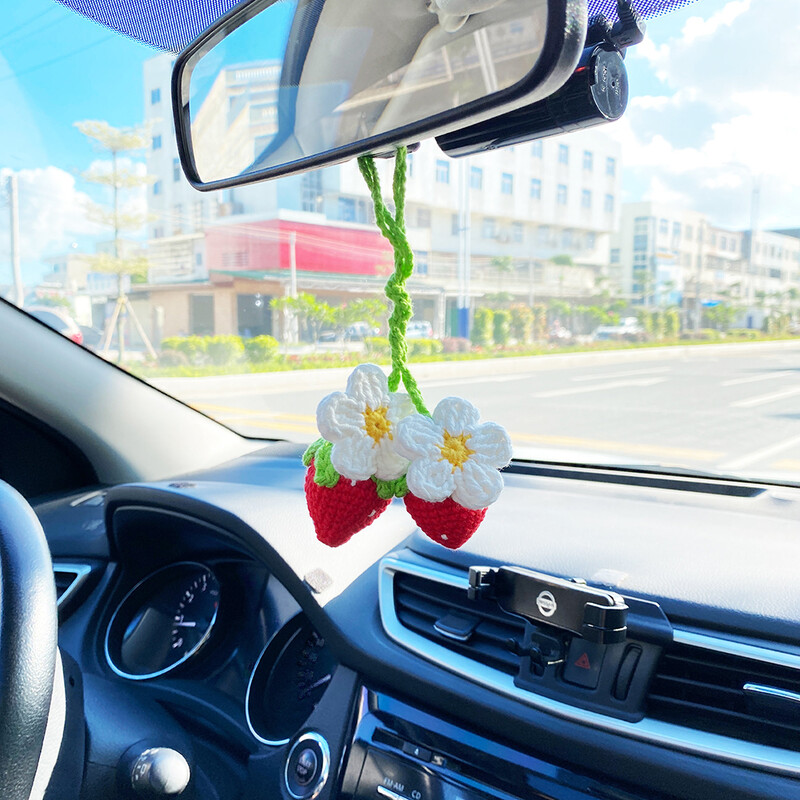 Decor de mașină cu fructe de căpșuni super drăguță, croșetat, roșu/roz, cu căpșuni, agățat pentru adolescenți, oglindă retrovizoare pentru interior