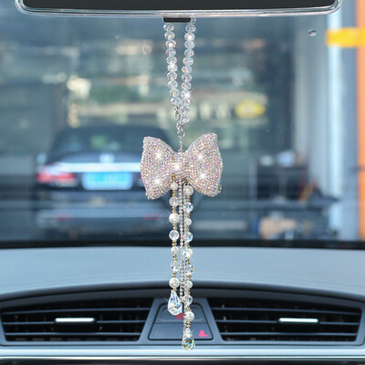 Creative Diamond Bowknot auto ripats Armas kristallist tutid kett tahavaate peegel Ornament Pärl Rhinestone autotarvikud naistele