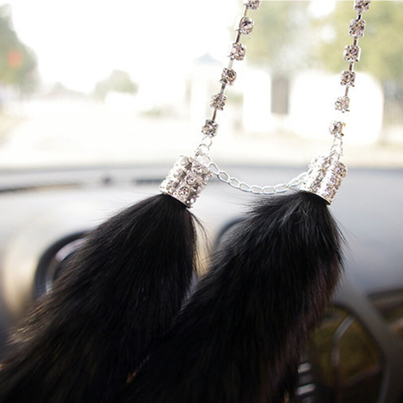 Mada imituoti audinės kailį automobilio pakabukas krištolinis deimantinis galinio vaizdo veidrodis kabantis lapė pliušinis papuošalai žavus automobilio interjeras dekoruoti