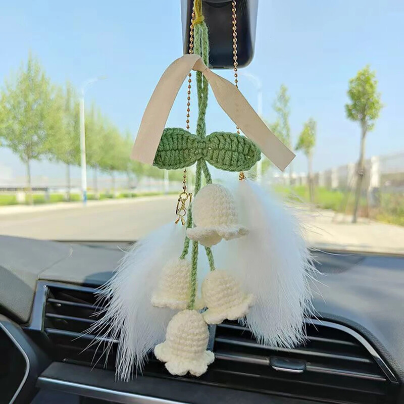 Pandantiv pentru decorarea interioară a mașinii, drăguț țesut manual Crin din vale, oglindă retrovizoare automată, pandantiv pentru accesorii auto, femeie