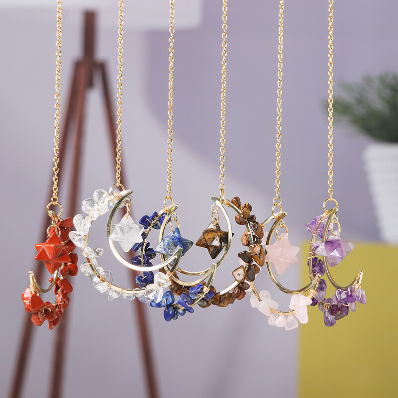 Pietrișuri de cristal colorate naturale Merkaba pandantiv în formă de lună vindecare ametist cuarț trandafir bijuterii la modă pentru agățat mașină decor acasă