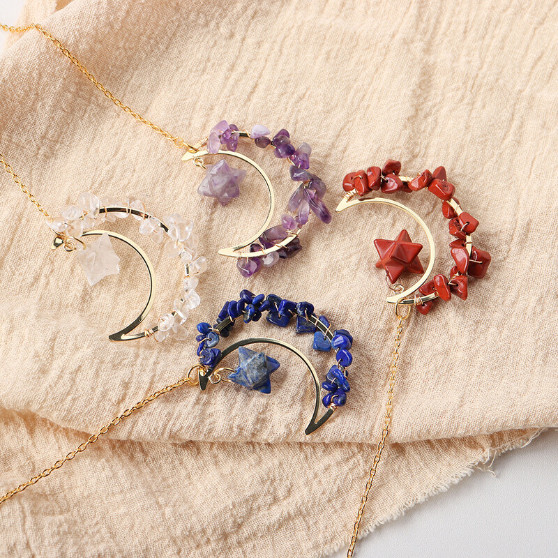 Pietrișuri de cristal colorate naturale Merkaba pandantiv în formă de lună vindecare ametist cuarț trandafir bijuterii la modă pentru agățat mașină decor acasă