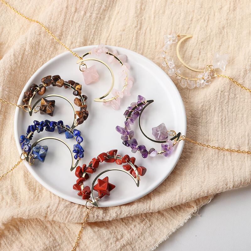 Pietrișuri de cristal colorate naturale Merkaba pandantiv în formă de lună vindecare ametist cuarț trandafir bijuterii la modă pentru agățat mașină decor acasă