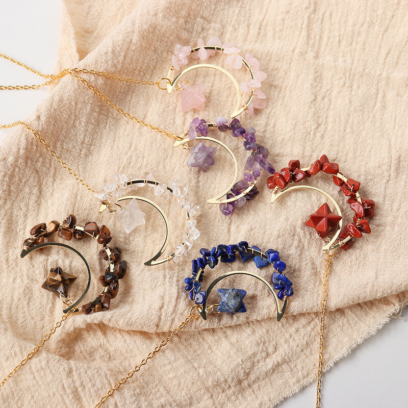 Pietrișuri de cristal colorate naturale Merkaba pandantiv în formă de lună vindecare ametist cuarț trandafir bijuterii la modă pentru agățat mașină decor acasă