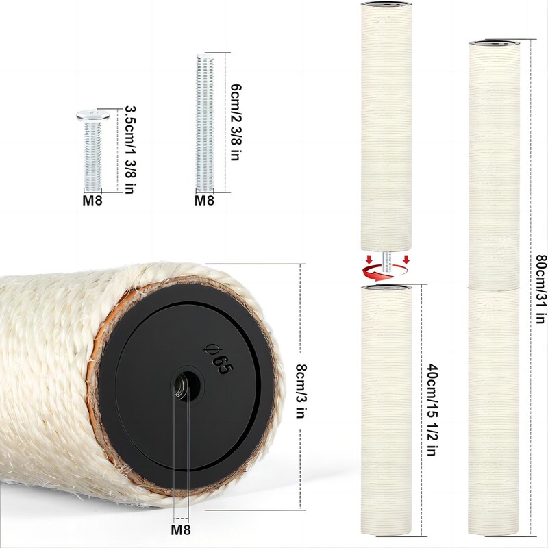 1 rădăcină M8 înlocuire stâlp de zgâriat pentru pisici, înlocuitor de stâlp de zgâriere pentru pisici din sisal natural, stâlp de zgâriat de pisică de schimb pentru pisoi
