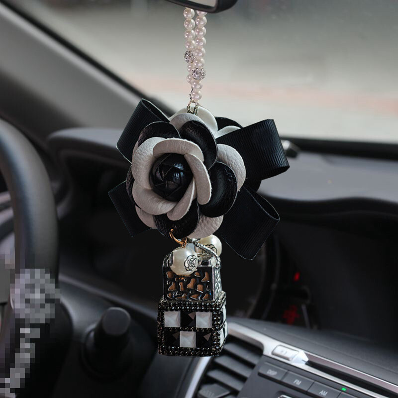 Žavinga deimantų krištolinė kamelijos gėlė, automobilinis kvepalų buteliuko pakabukas, moteriškas Bling krištolas, automobilio veidrodėlis, kabantys papuošalai mergaitėms