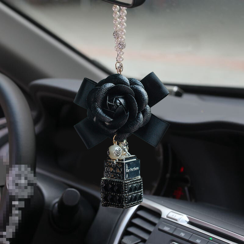 Žavinga deimantų krištolinė kamelijos gėlė, automobilinis kvepalų buteliuko pakabukas, moteriškas Bling krištolas, automobilio veidrodėlis, kabantys papuošalai mergaitėms