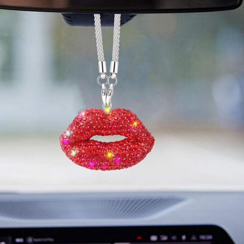 Pandantiv cu oglindă retrovizoare pentru mașină, ușor de agățat, strasuri strălucitoare în formă de buză, brelocuri pentru oglinda retrovizoare pentru mașină, ornament pentru agățat