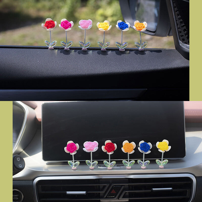6 bucăți/set Consola centrală pentru mașină Decorare cu primăvară Decorare cu trandafiri pentru mașină cu patru foi de trifoi Decorare cu cap de scuturare a mașinii Decor mic