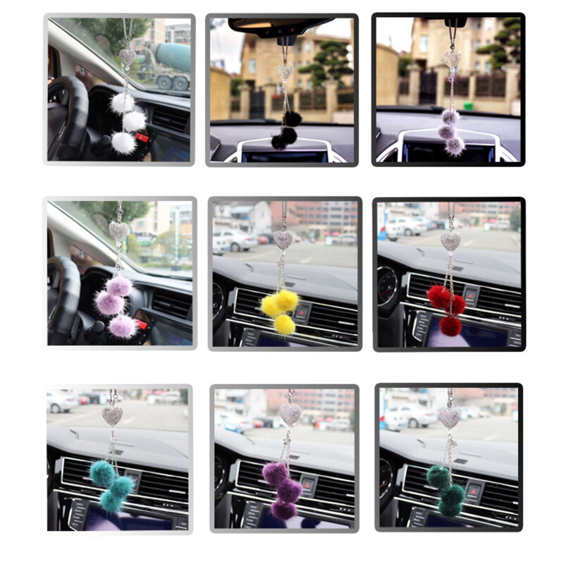 Bling automobilių aksesuarai moterims merginoms Prabangūs mieli pliušiniai kabantys papuošalai krištolo kalnų krištolinio kailio rutulys galinio vaizdo veidrodinis ornamentas