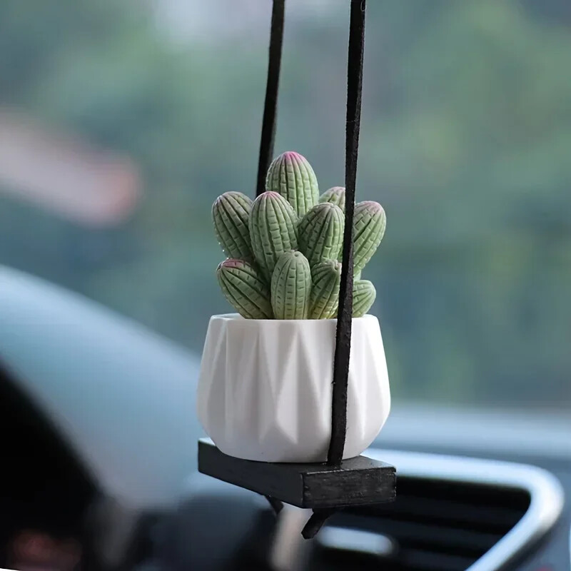 Mini Macrame augalų kabykla Galinio vaizdo veidrodžio automobilio kaktuso žavesio papuošimai Boho pakabinamas augalų laikiklis, mažytės automobilio sultingos dovanos