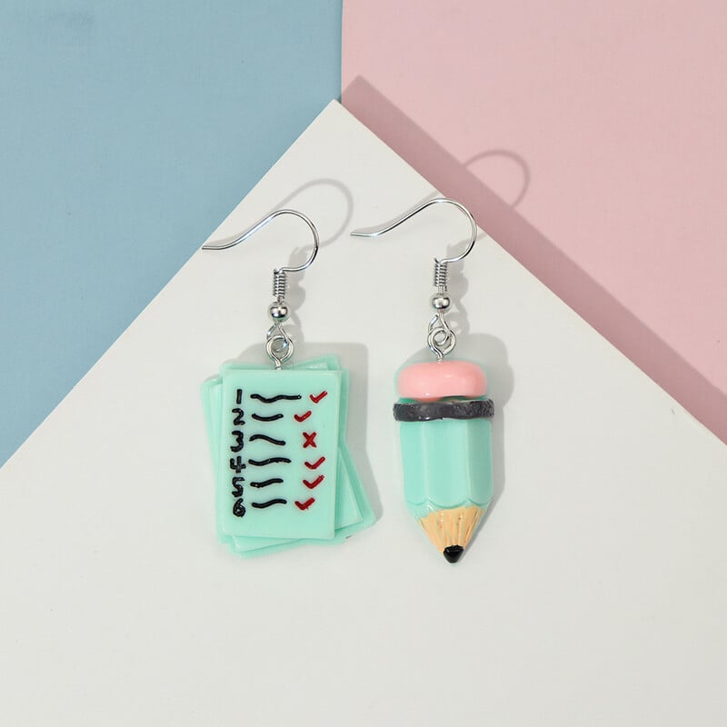 Bērniem radoši imitētas kancelejas preces Grāmatas Zīmuļi Asimetriski Auskari Jautri un personalizēti Necaurduroši ausu klipši Jauku meiteņu sērija