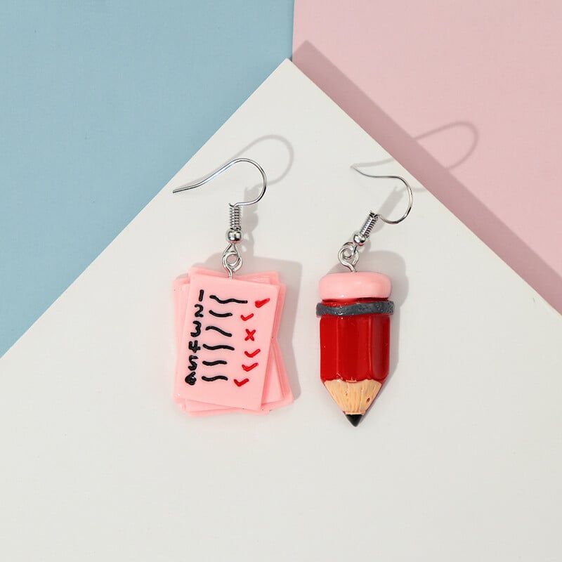 Bērniem radoši imitētas kancelejas preces Grāmatas Zīmuļi Asimetriski Auskari Jautri un personalizēti Necaurduroši ausu klipši Jauku meiteņu sērija