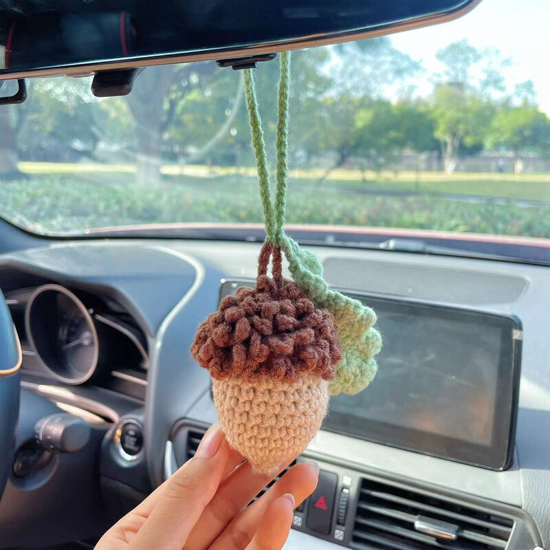 Coș agățat din croșetat pentru brad de Crăciun pentru mașină, plante tricotate, umeraș pentru oglindă pentru mașină, pentru oglindă retrovizoare, ornament interior pentru petrecerea de Crăciun