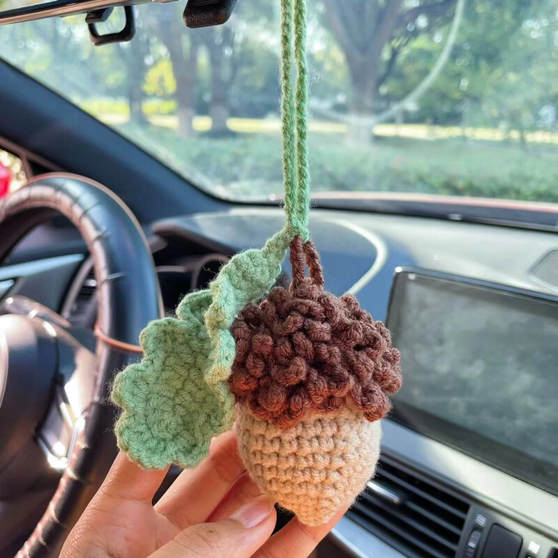 Coș agățat din croșetat pentru brad de Crăciun pentru mașină, plante tricotate, umeraș pentru oglindă pentru mașină, pentru oglindă retrovizoare, ornament interior pentru petrecerea de Crăciun