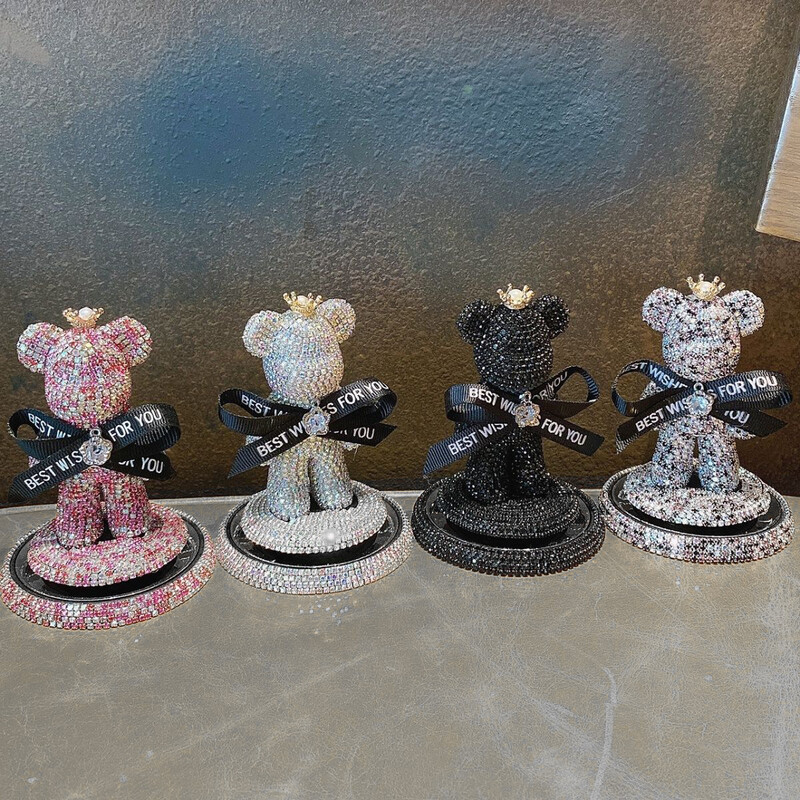 Ursuleț de pluș cu diamante drăguț de desene animate, decorațiuni pentru bordul mașinii, strasuri cu fundă, ornament auto, autocolant solid pentru parfum pentru mașină