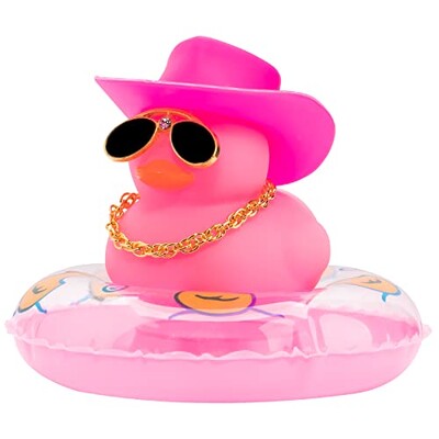 Mașină colorată cu rață de cauciuc decorațiuni pentru tabloul de bord, ornament roz, rață neagră cu pălărie de cowboy drăguță, pălărie de domn, inel de înot
