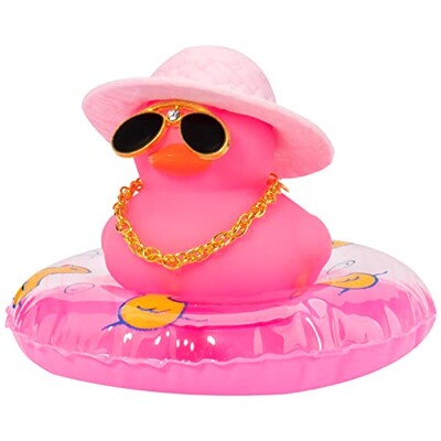Mașină colorată cu rață de cauciuc decorațiuni pentru tabloul de bord, ornament roz, rață neagră cu pălărie de cowboy drăguță, pălărie de domn, inel de înot
