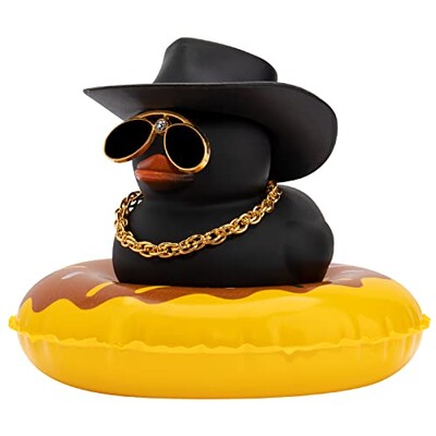 Mașină colorată cu rață de cauciuc decorațiuni pentru tabloul de bord, ornament roz, rață neagră cu pălărie de cowboy drăguță, pălărie de domn, inel de înot