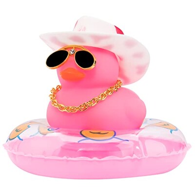 Mașină colorată cu rață de cauciuc decorațiuni pentru tabloul de bord, ornament roz, rață neagră cu pălărie de cowboy drăguță, pălărie de domn, inel de înot