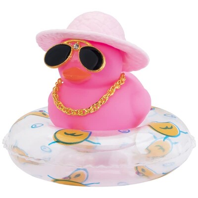 Mașină colorată cu rață de cauciuc decorațiuni pentru tabloul de bord, ornament roz, rață neagră cu pălărie de cowboy drăguță, pălărie de domn, inel de înot