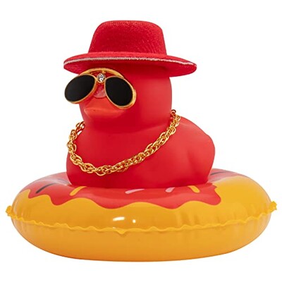 Mașină colorată cu rață de cauciuc decorațiuni pentru tabloul de bord, ornament roz, rață neagră cu pălărie de cowboy drăguță, pălărie de domn, inel de înot