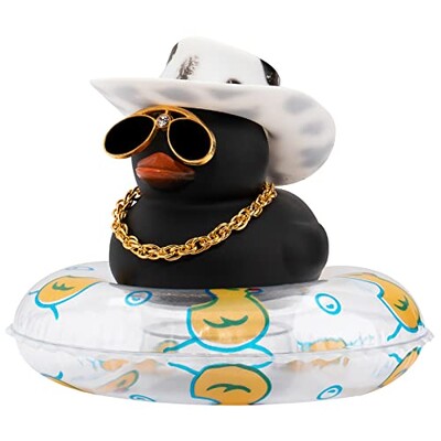 Mașină colorată cu rață de cauciuc decorațiuni pentru tabloul de bord, ornament roz, rață neagră cu pălărie de cowboy drăguță, pălărie de domn, inel de înot