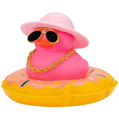 Mașină colorată cu rață de cauciuc decorațiuni pentru tabloul de bord, ornament roz, rață neagră cu pălărie de cowboy drăguță, pălărie de domn, inel de înot