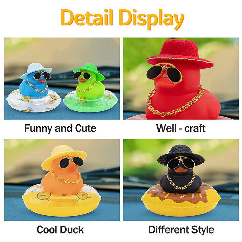 Mașină colorată cu rață de cauciuc decorațiuni pentru tabloul de bord, ornament roz, rață neagră cu pălărie de cowboy drăguță, pălărie de domn, inel de înot