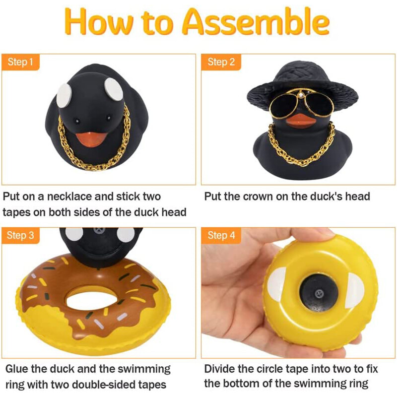 Mașină colorată cu rață de cauciuc decorațiuni pentru tabloul de bord, ornament roz, rață neagră cu pălărie de cowboy drăguță, pălărie de domn, inel de înot