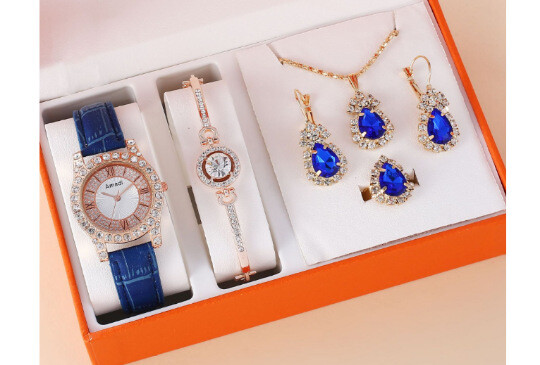 Jauns sieviešu pulksteņu komplekts Modes luksusa safīra kvarca pulksteņu rokassprādzes gredzens auskari kaklarotas komplekts