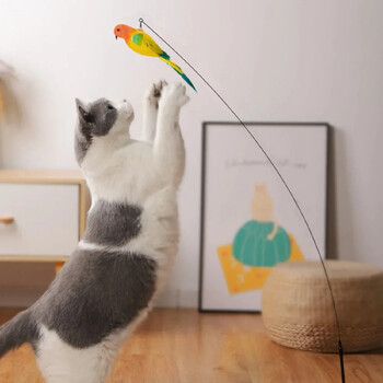 Симулация Bird Cat Toys Забавен интерактивен паун със звънец Cat Stick Toy for Kitten Playing Teaser Wand Toys Pet Cats Supplies