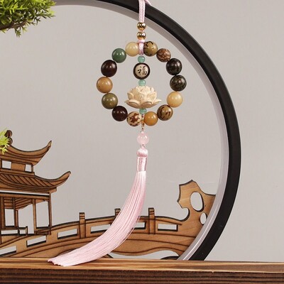 Oglindă retrovizoare Bodhi sculptată în lemn, pandantiv Bodhi, mărgele clasice, Statuie de lotus, pandantiv pentru mașină, Fengshui, Decor norocos