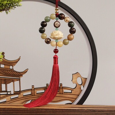 Oglindă retrovizoare Bodhi sculptată în lemn, pandantiv Bodhi, mărgele clasice, Statuie de lotus, pandantiv pentru mașină, Fengshui, Decor norocos